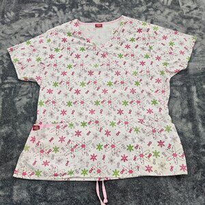 Dickies Medical Scrub Top Womens XL  floral Breast Cancer ribbon print Nurse SS